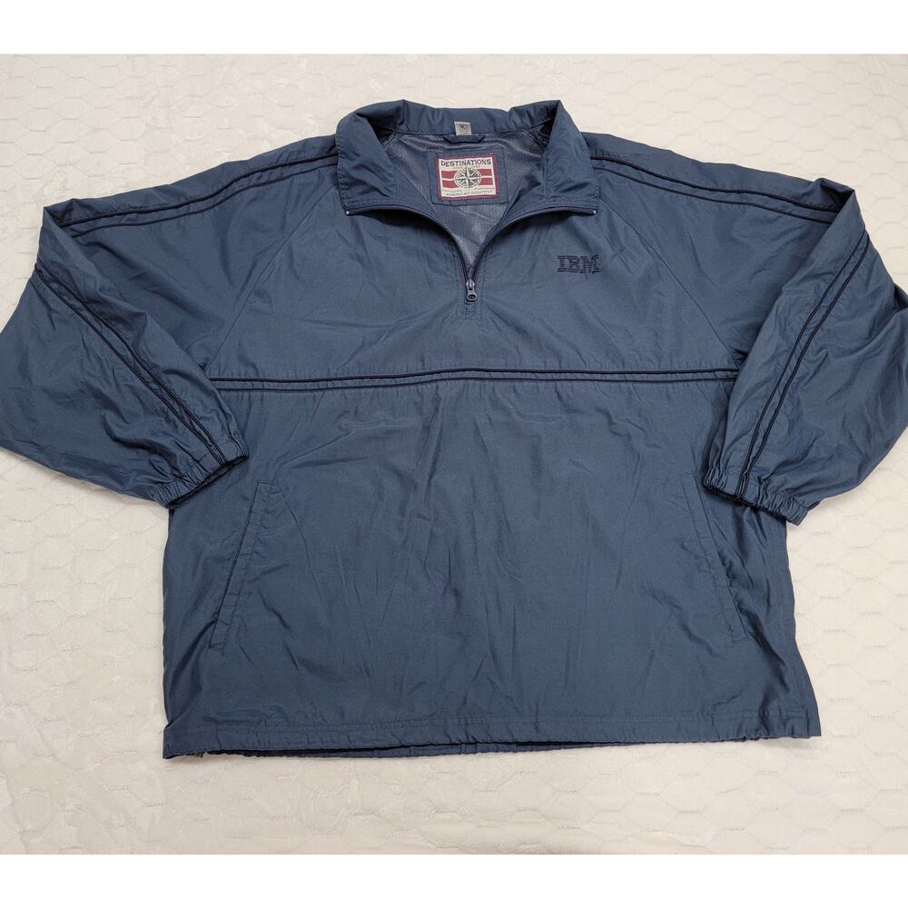 IBM Destinations Windbreaker Jacket Mens XL Blue Quarter Zip Pullover Corporate